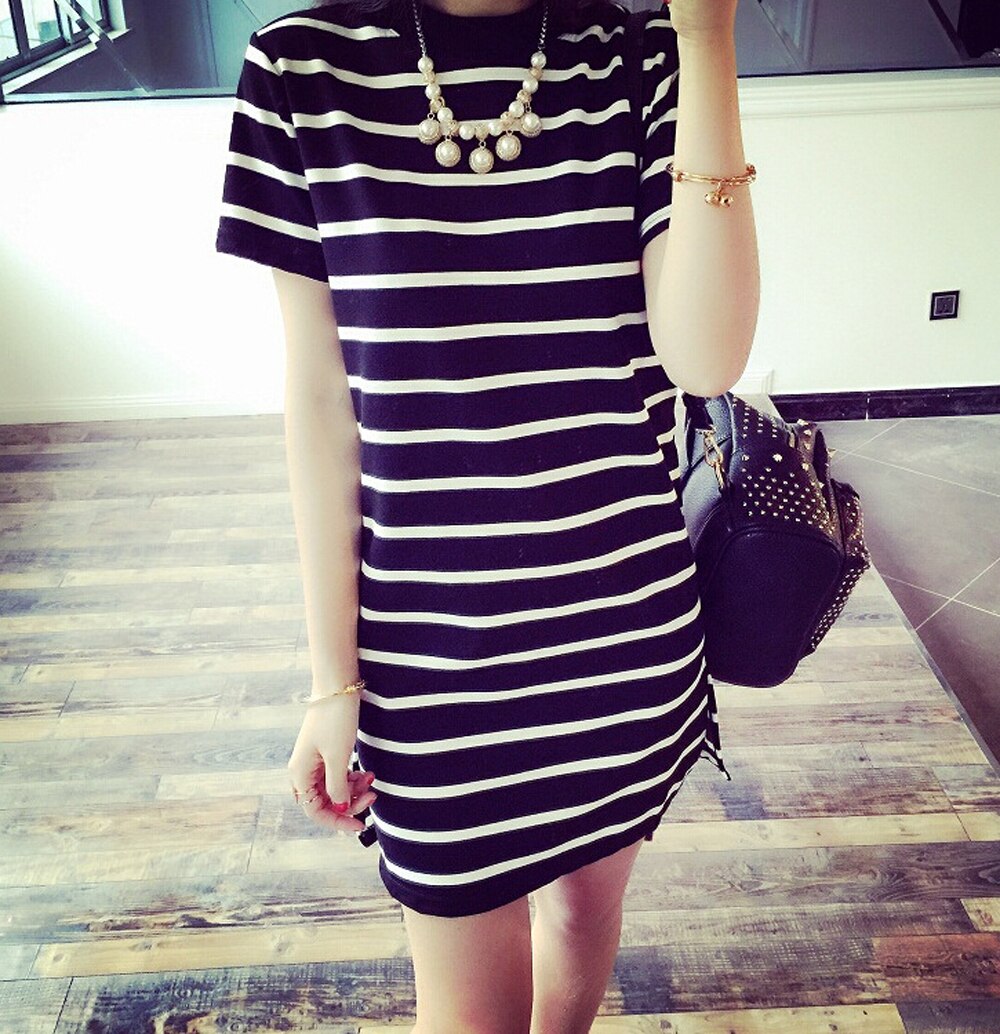 Women's Casual Crew Neck Short Sleeve Tops Striped Loose T-shirt Mini Dress