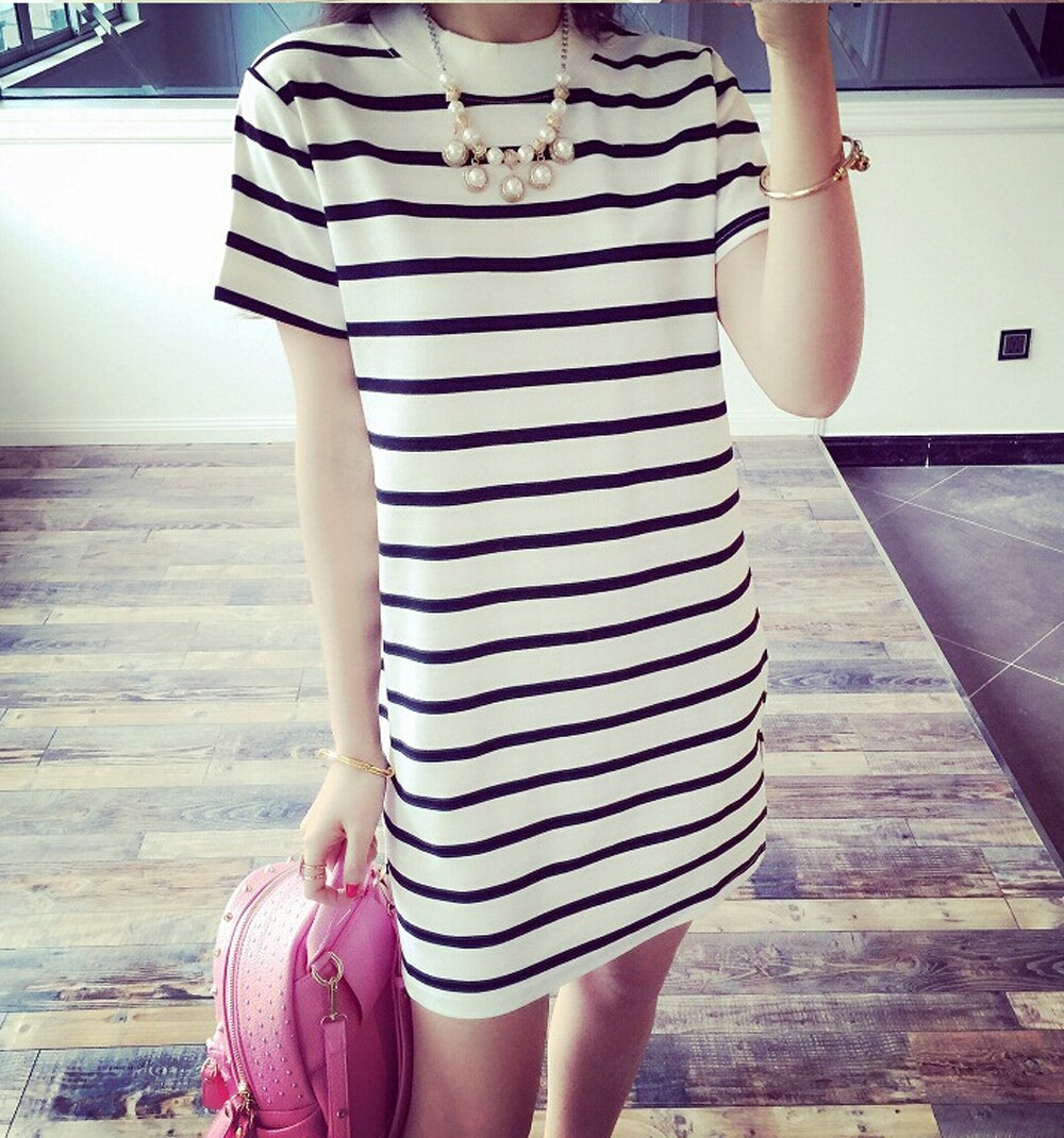 Women's Casual Crew Neck Short Sleeve Tops Striped Loose T-shirt Mini Dress