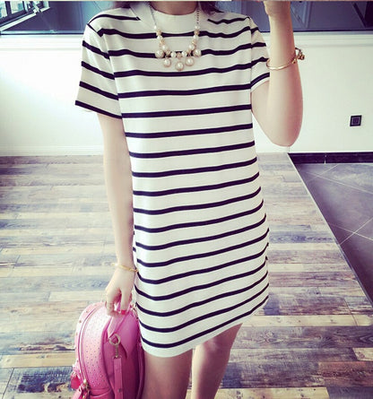 Women's Casual Crew Neck Short Sleeve Tops Striped Loose T-shirt Mini Dress