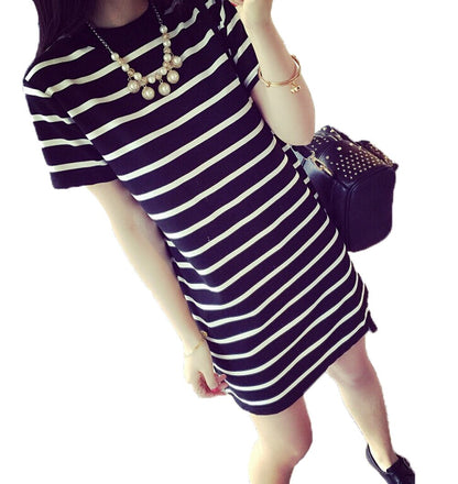 Women's Casual Crew Neck Short Sleeve Tops Striped Loose T-shirt Mini Dress