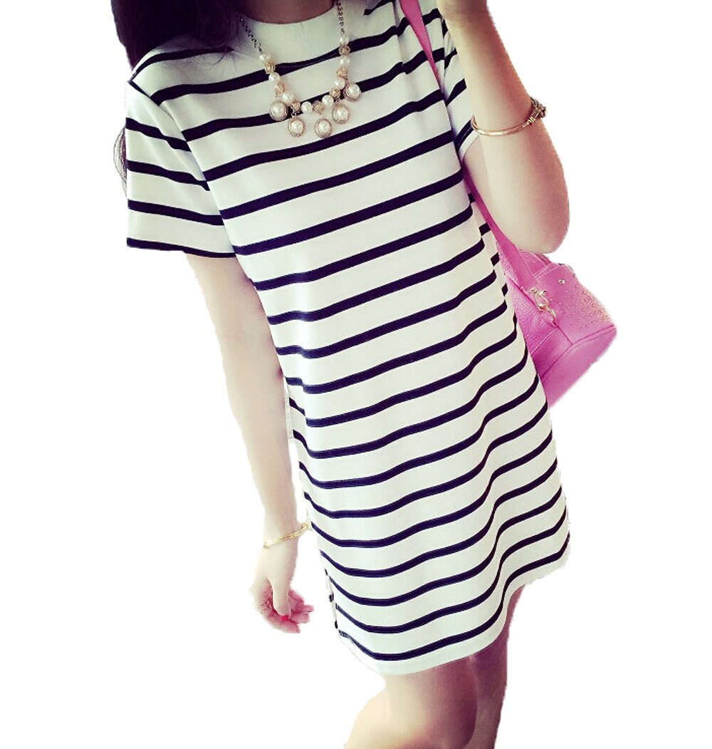 Women's Casual Crew Neck Short Sleeve Tops Striped Loose T-shirt Mini Dress