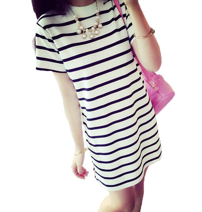 Women's Casual Crew Neck Short Sleeve Tops Striped Loose T-shirt Mini Dress