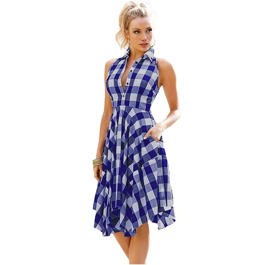 Women's Clothing Flared Plaid Summer Shirtdress Explosions Leisure Vintage Dresses Shirt Dress knee length Vestidos