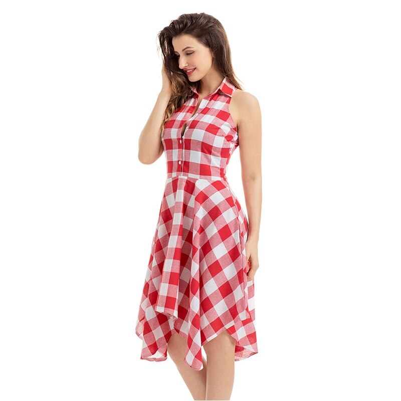 Women's Clothing Flared Plaid Summer Shirtdress Explosions Leisure Vintage Dresses Shirt Dress knee length Vestidos