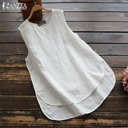 Women's Irregular Blouse ZANZEA 2020 Plus Size Tanks Tops Casual Linen Blusas Female Sleeveless Chemise Summer Tee Shirts 5XL