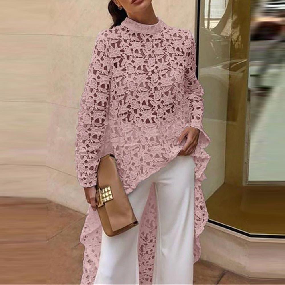 Women's Lace Hollow Out Shirt Long Sleeve Irregular Tops Blouses Woman 2019 Loose Solid Minimalism