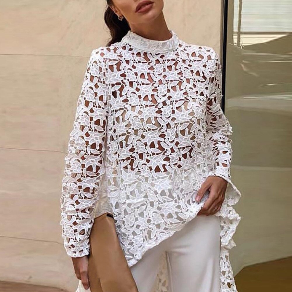 Women's Lace Hollow Out Shirt Long Sleeve Irregular Tops Blouses Woman 2019 Loose Solid Minimalism