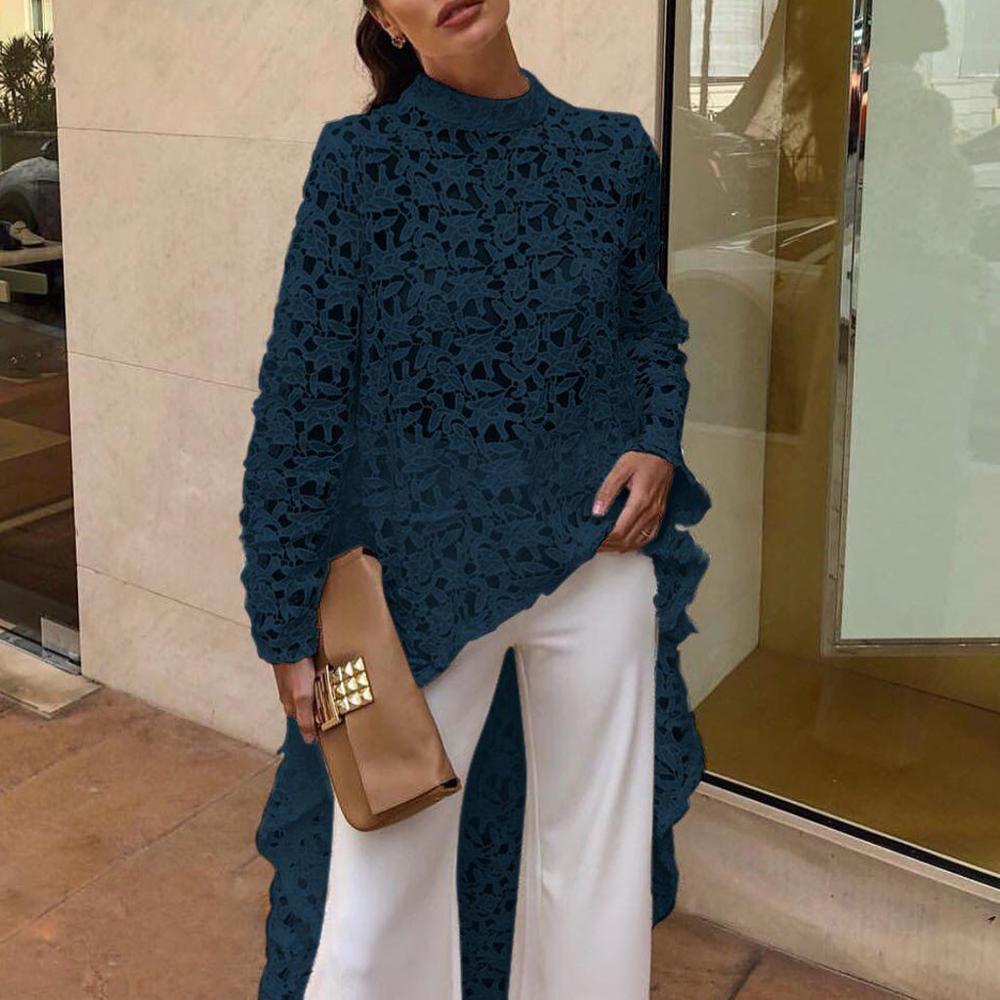Women's Lace Hollow Out Shirt Long Sleeve Irregular Tops Blouses Woman 2019 Loose Solid Minimalism
