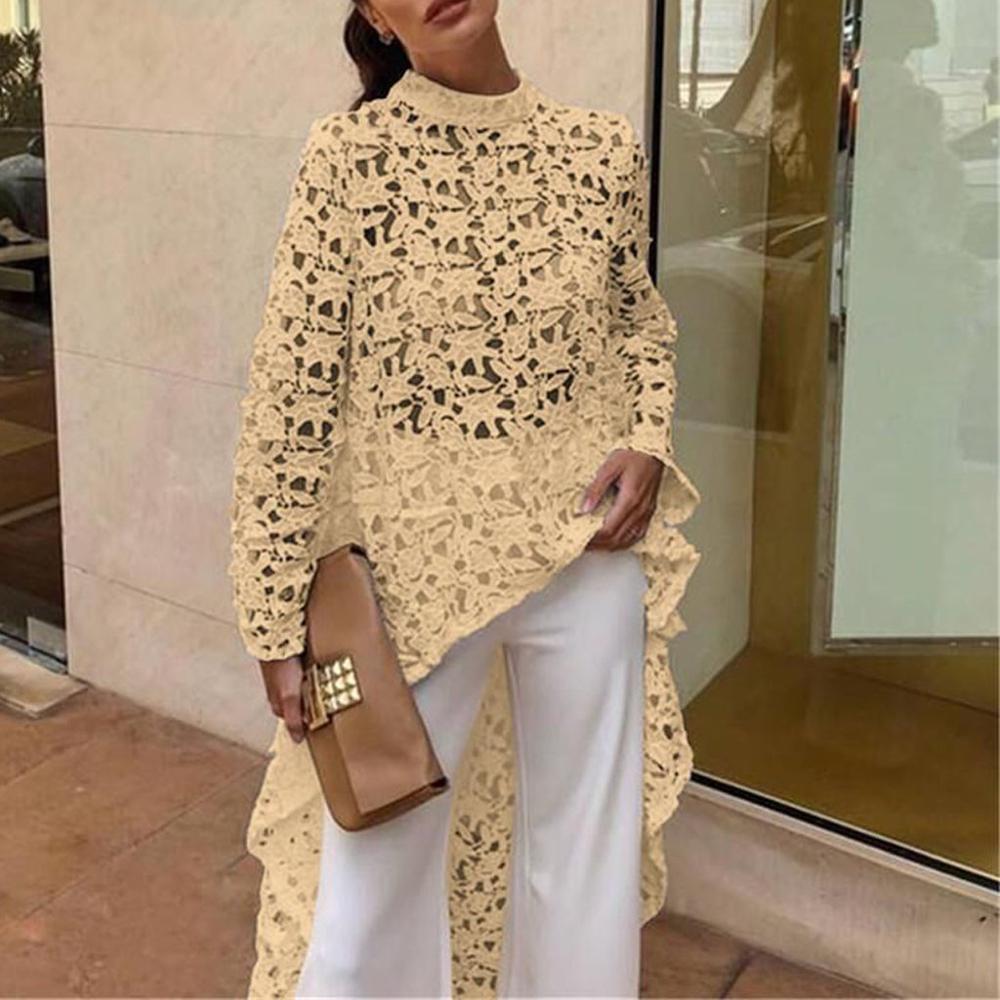 Women's Lace Hollow Out Shirt Long Sleeve Irregular Tops Blouses Woman 2019 Loose Solid Minimalism