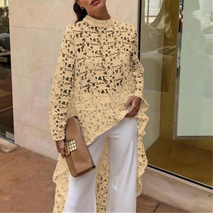 Women's Lace Hollow Out Shirt Long Sleeve Irregular Tops Blouses Woman 2019 Loose Solid Minimalism