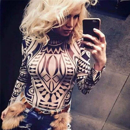 Women's Long Sleeve Rompers Bodysuits Bandage Long Sleeve Print Fashion Sexy Jumpsuits Leotard Ladies Evening Club Party Wear
