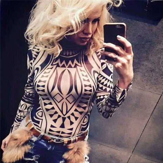 Women's Long Sleeve Rompers Bodysuits Bandage Long Sleeve Print Fashion Sexy Jumpsuits Leotard Ladies Evening Club Party Wear