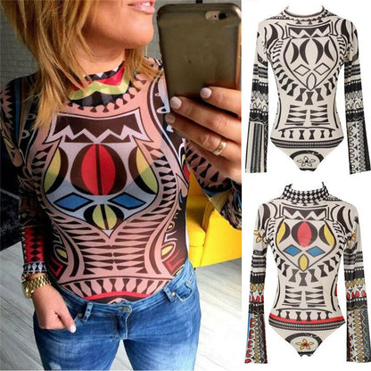 Women's Long Sleeve Rompers Bodysuits Bandage Long Sleeve Print Fashion Sexy Jumpsuits Leotard Ladies Evening Club Party Wear