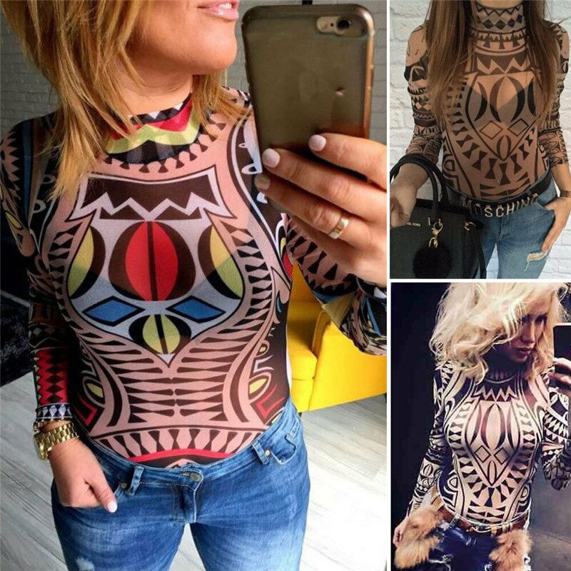 Women's Long Sleeve Rompers Bodysuits Bandage Long Sleeve Print Fashion Sexy Jumpsuits Leotard Ladies Evening Club Party Wear