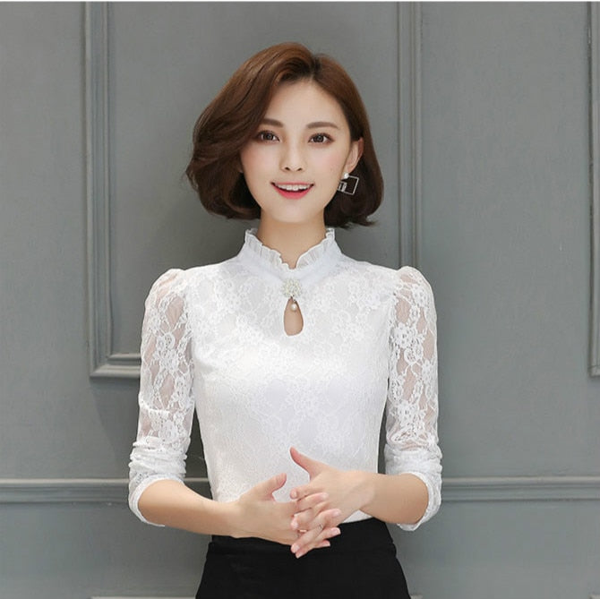 Women's New Chiffon Lace Blouses Tops Feminine Long Puff Sleeved Shirt Ruffled Button Tops Plus Size 4XL Blusa