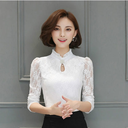 Women's New Chiffon Lace Blouses Tops Feminine Long Puff Sleeved Shirt Ruffled Button Tops Plus Size 4XL Blusa