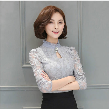 Women's New Chiffon Lace Blouses Tops Feminine Long Puff Sleeved Shirt Ruffled Button Tops Plus Size 4XL Blusa