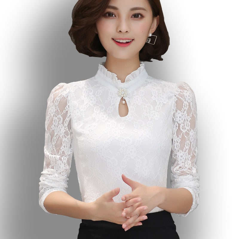 Women's New Chiffon Lace Blouses Tops Feminine Long Puff Sleeved Shirt Ruffled Button Tops Plus Size 4XL Blusa