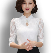 将图片加载到图库查看器，Women&#39;s New Chiffon Lace Blouses Tops Feminine Long Puff Sleeved Shirt Ruffled Button Tops Plus Size 4XL Blusa
