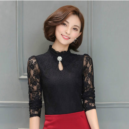 Women's New Chiffon Lace Blouses Tops Feminine Long Puff Sleeved Shirt Ruffled Button Tops Plus Size 4XL Blusa