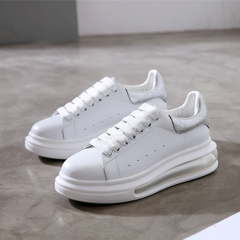 Women's Platform Genuine Leather Sneakers , White,Chunky Sneakers.Rainbow Shoes Casual Sneakers,Women's Vulcanize Shoes