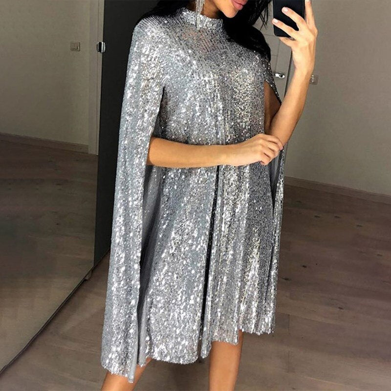 Women's Sequined Party Midi Dress Cloak Sleeves Autumn Dresses Female 2020 Summer Loose Elegant Fashion Ladies Clothes vestidos