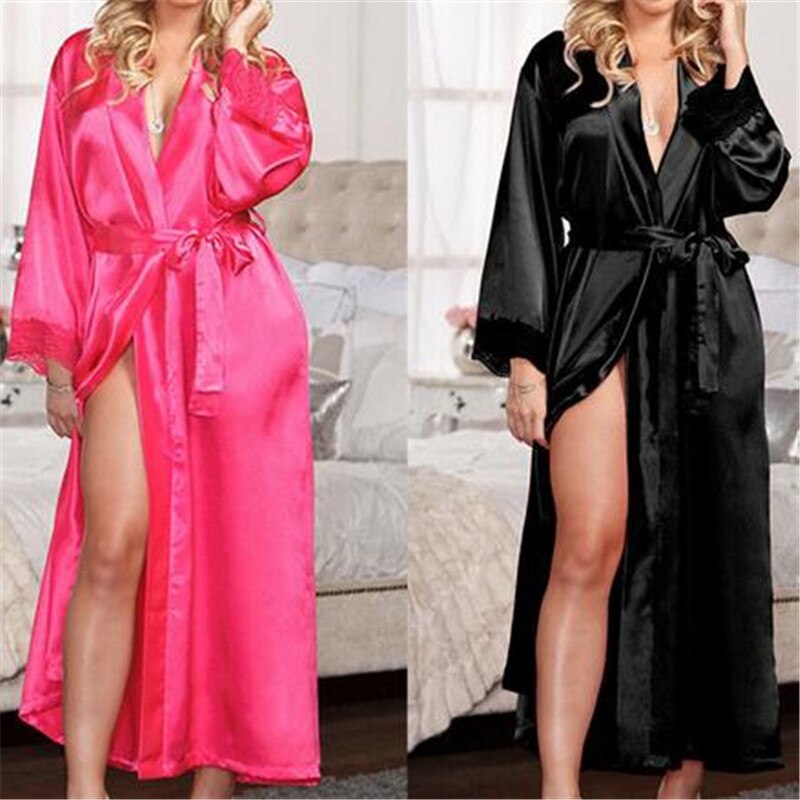 Women's Sexy Faux Satin Lace Silk Long Robes New Fashion Nightdress Sleep Dresses Female Belt Without Bathing Robes Solid Color
