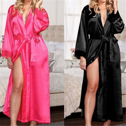Women's Sexy Faux Satin Lace Silk Long Robes New Fashion Nightdress Sleep Dresses Female Belt Without Bathing Robes Solid Color