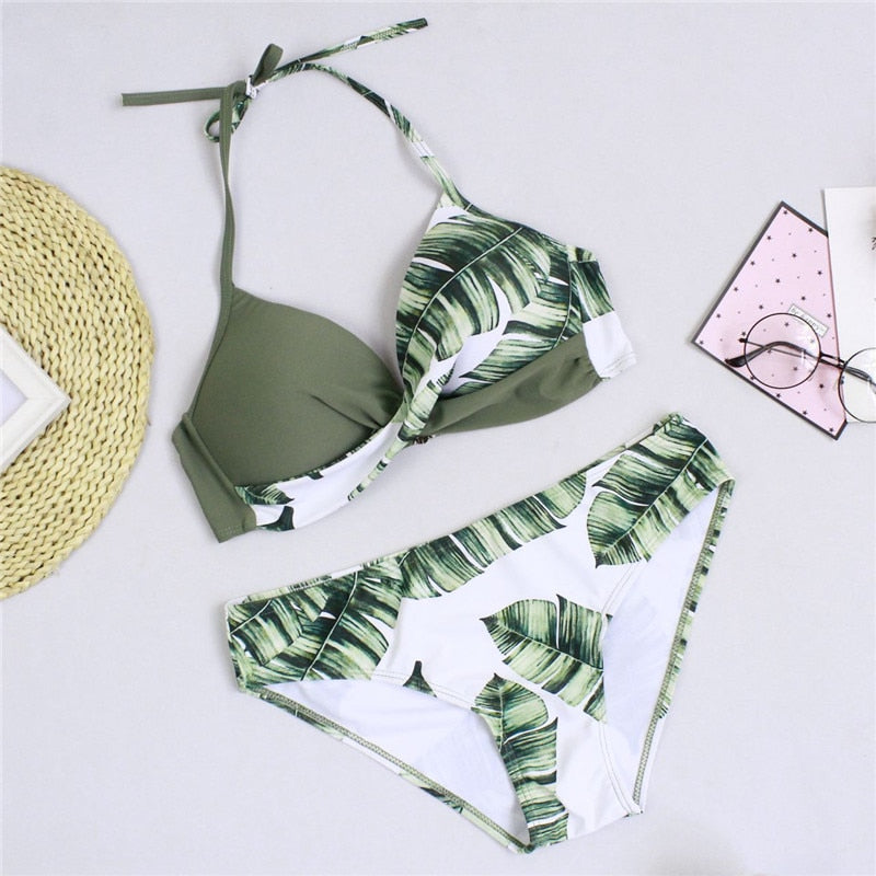 Women's Swimsuit Bikinis Set Swimwear Women Swimsuits Bathing Suit Women Swim Suit Halter Leaf Print Beach Wear Sexy Bikini 2pcs