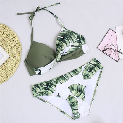 Women's Swimsuit Bikinis Set Swimwear Women Swimsuits Bathing Suit Women Swim Suit Halter Leaf Print Beach Wear Sexy Bikini 2pcs