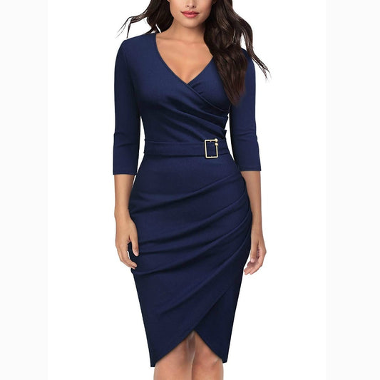 Women's Vintage V Neck Cross Sexy Irregular Hem 3/4 Sleeve Cocktail Party Dress 2019 Women Dress Female