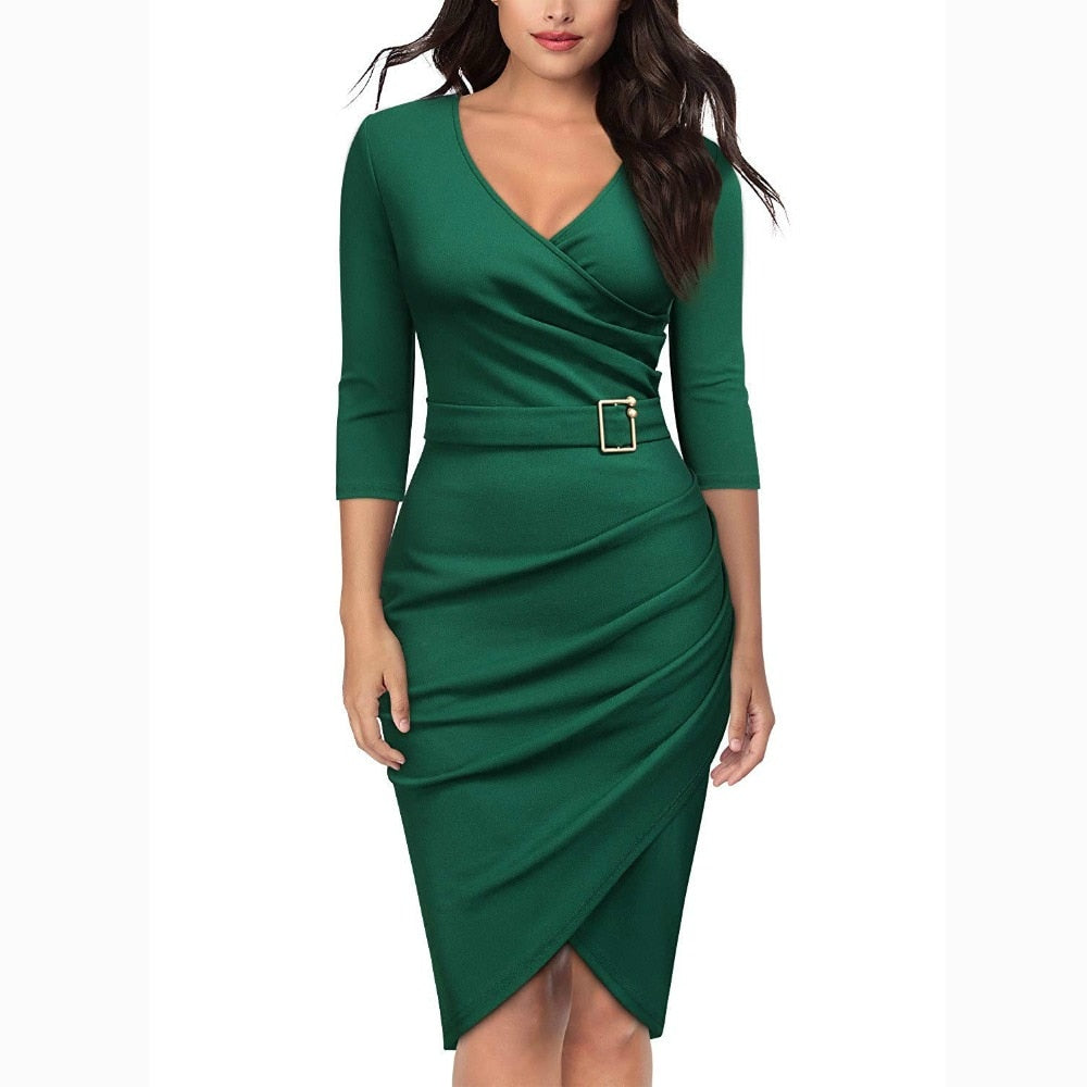 Women's Vintage V Neck Cross Sexy Irregular Hem 3/4 Sleeve Cocktail Party Dress 2019 Women Dress Female