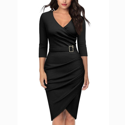Women's Vintage V Neck Cross Sexy Irregular Hem 3/4 Sleeve Cocktail Party Dress 2019 Women Dress Female