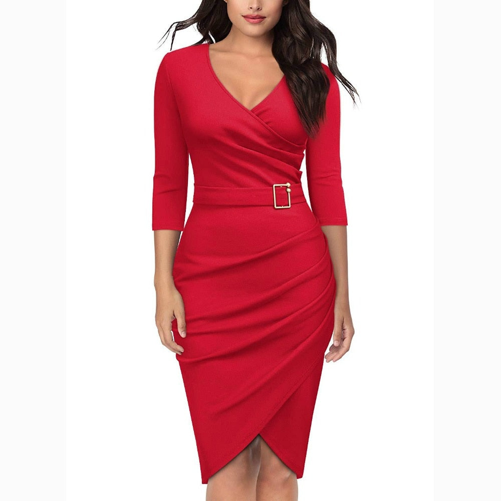 Women's Vintage V Neck Cross Sexy Irregular Hem 3/4 Sleeve Cocktail Party Dress 2019 Women Dress Female