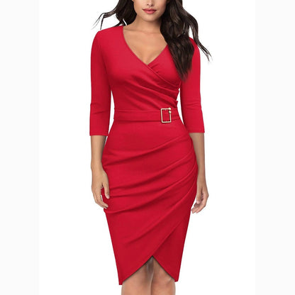Women's Vintage V Neck Cross Sexy Irregular Hem 3/4 Sleeve Cocktail Party Dress 2019 Women Dress Female