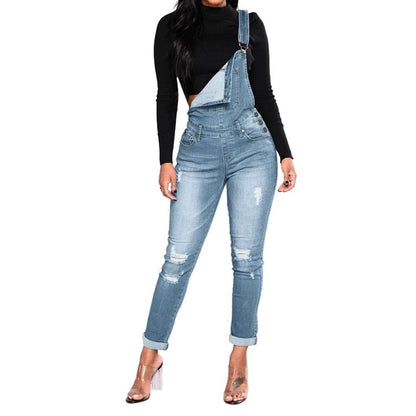 Women's Straps Straightforward Tight Calf Jeans Rompers Denim Jumpsuit Summer Overalls#30