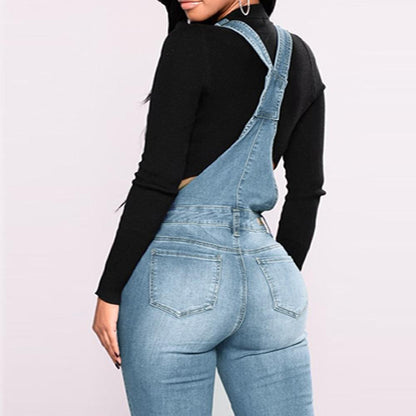 Women's Straps Straightforward Tight Calf Jeans Rompers Denim Jumpsuit Summer Overalls#30