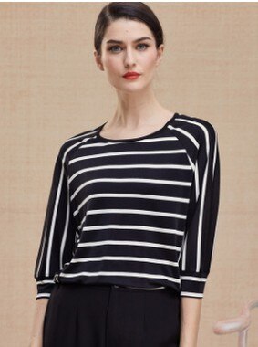 Women's headdress thin spring summer new loose top T-shirt real silk striped pullover tide