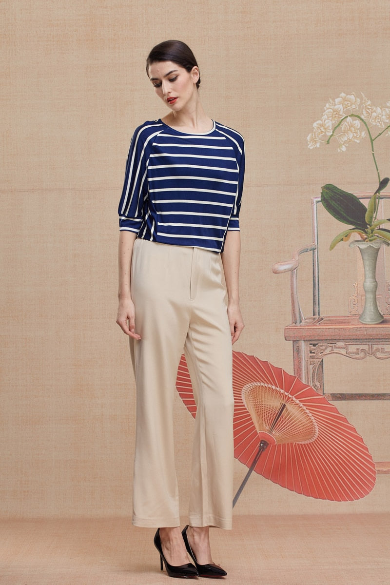 Women's headdress thin spring summer new loose top T-shirt real silk striped pullover tide