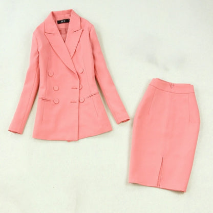 Women's suits 2019 autumn new women's large size double-breasted pink suit jacket bag hip split half-length skirt two-piece