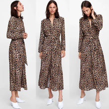 将图片加载到图库查看器，Women&#39;s Boho Long Maxi Leopard Print Dress Ladies Party Summer Beach Sundress Autumn Long Sleeve Deep V-Neck High Split Dress
