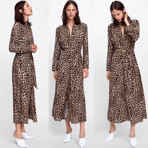 Women's Boho Long Maxi Leopard Print Dress Ladies Party Summer Beach Sundress Autumn Long Sleeve Deep V-Neck High Split Dress