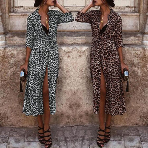 Women's Boho Long Maxi Leopard Print Dress Ladies Party Summer Beach Sundress Autumn Long Sleeve Deep V-Neck High Split Dress