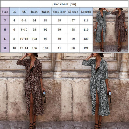 Women's Boho Long Maxi Leopard Print Dress Ladies Party Summer Beach Sundress Autumn Long Sleeve Deep V-Neck High Split Dress