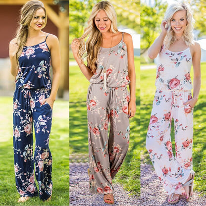 Wontive 2019 Women's Floral Jumpsuit Fashion Trend Sling Print Loose Piece Trousers