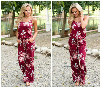 Wontive 2019 Women's Floral Jumpsuit Fashion Trend Sling Print Loose Piece Trousers