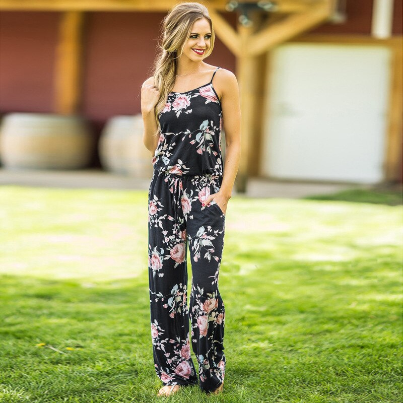 Wontive 2019 Women's Floral Jumpsuit Fashion Trend Sling Print Loose Piece Trousers