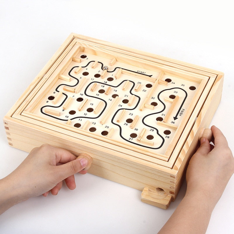 Wooden 3D Magnetic Ball Maze Puzzle Toy Wood Case Box Fun Brain Hand Game Challenge Balance Educational Toys for Children Adult