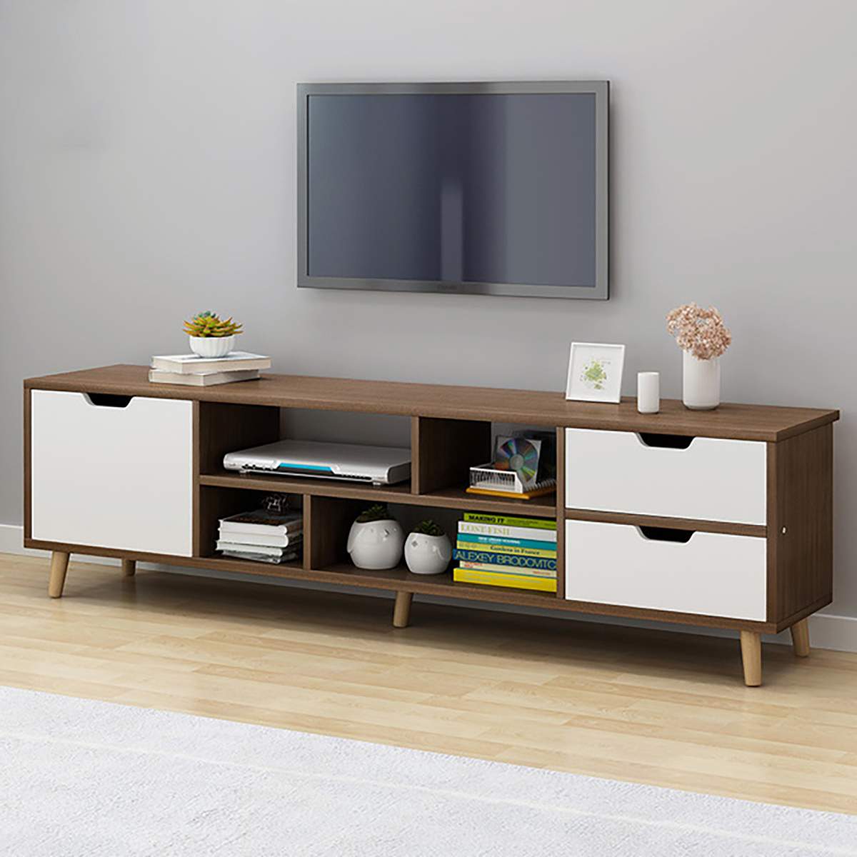 Wooden TV Cabinet TV Stand Unit Audio-visual Storage Cabinets Drawers Living Room Furniture Shelf Storage Organizer 140 x 30 cm