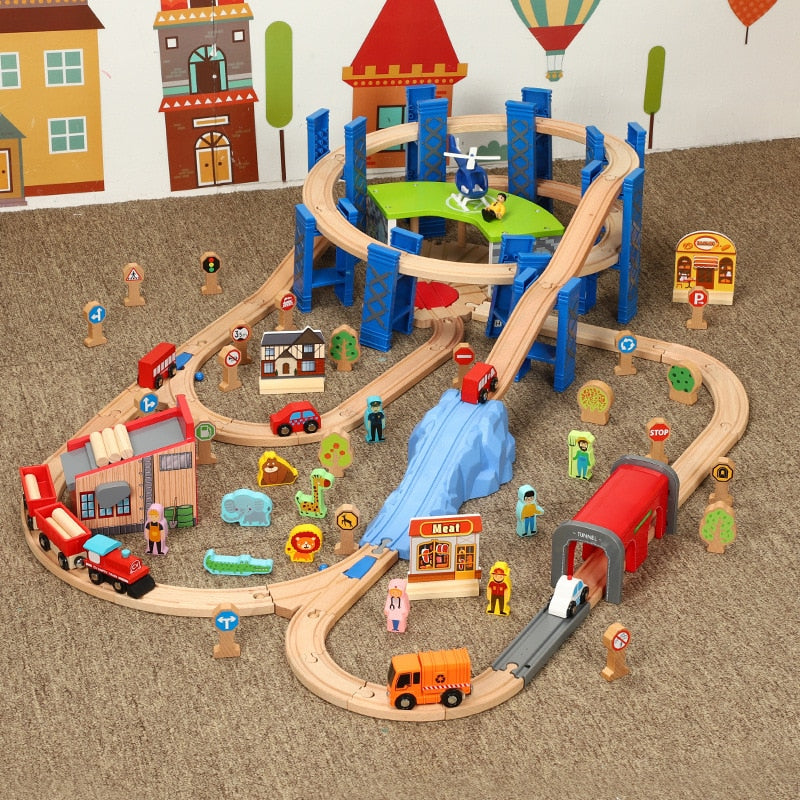 Wooden Small Train Track Circular Pier Green glGarage Cargo Train Toy Children's Birthday/Holiday Gift Wooden Track Kids